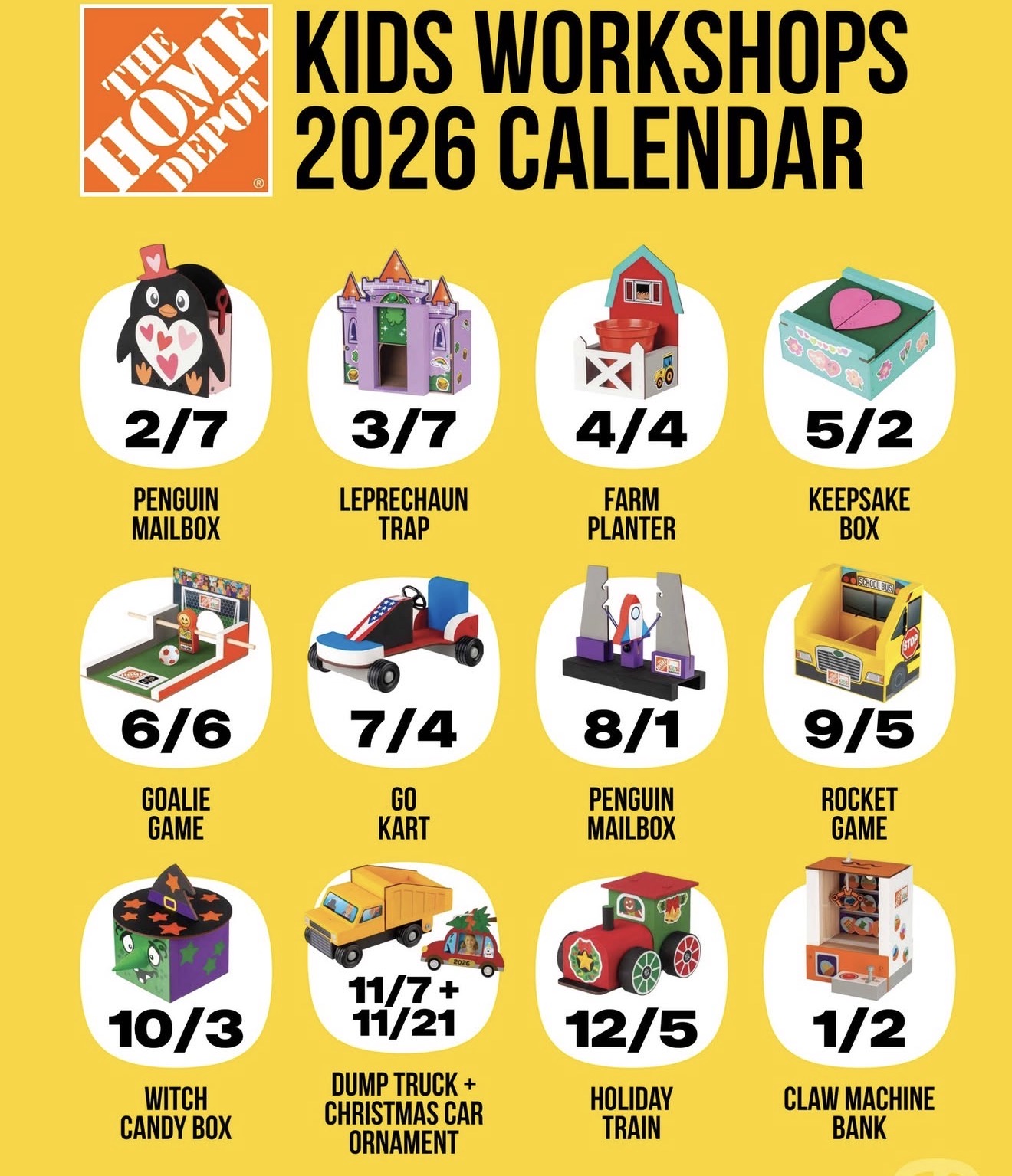 A list of Home Depot workshop dates