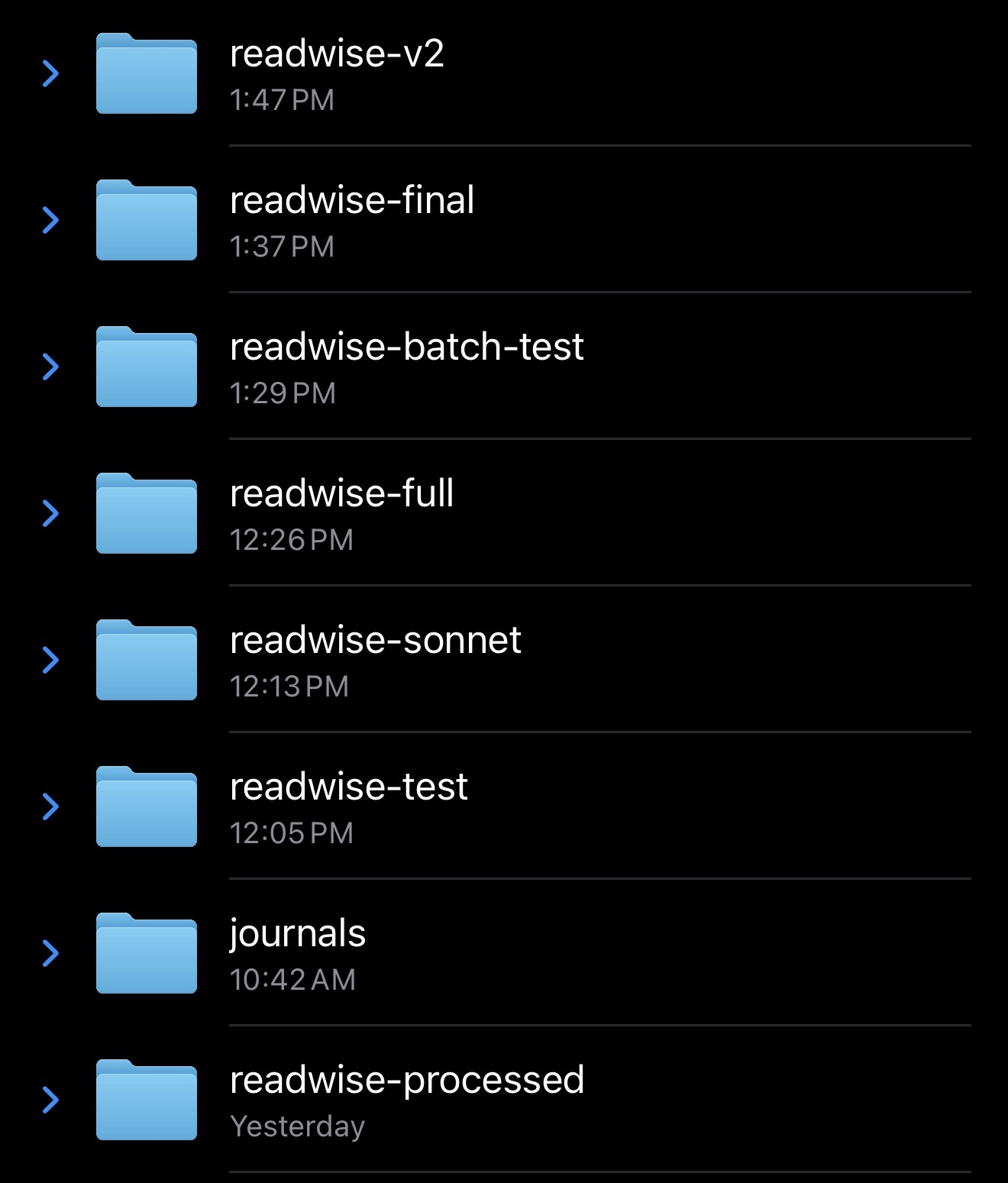 An image of iOS's "Files" app showing folders named "readwise-processed", "Journals", "readwise-test", "readwise-sonnet", "readwise-full", "readwise-batch-test", "readwise-final", and "readwise-v2" demonstrating that the assistant slightly struggled in iterating.